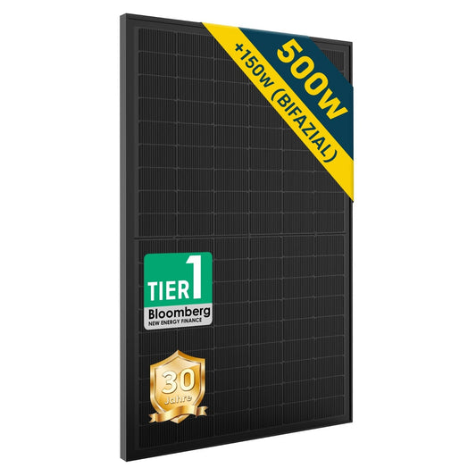 ALLDREI 500W Bifazialer Glas-Glas Solarmodule mit 30 Jahren Leistungsgarantie und +150W Zusatzleistung.