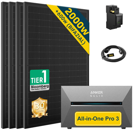 ALLDREI Balkonkraftwerk mit Speicher Anker Solix Solarbank 3 E2700 Pro 2,68kWh, 2000W Bifazial Solarmodule und Zubehör.