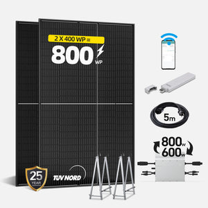ALLDREI Komplettset Balkonkraftwerk 800W mit 2x400W Solarmodule+Hoymiles Wechselrichter 800w mit Wifi Hoymiles DTU Wlite+Kabel