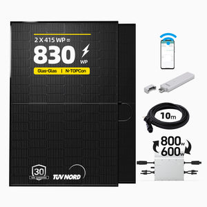 ALLDREI Komplettset Balkonkraftwerk mit 2x415W Bifazialer Glas-Glas Solarmodule, Hoymiles Wechselrichter HM-800+DTU Wlite, Kabel