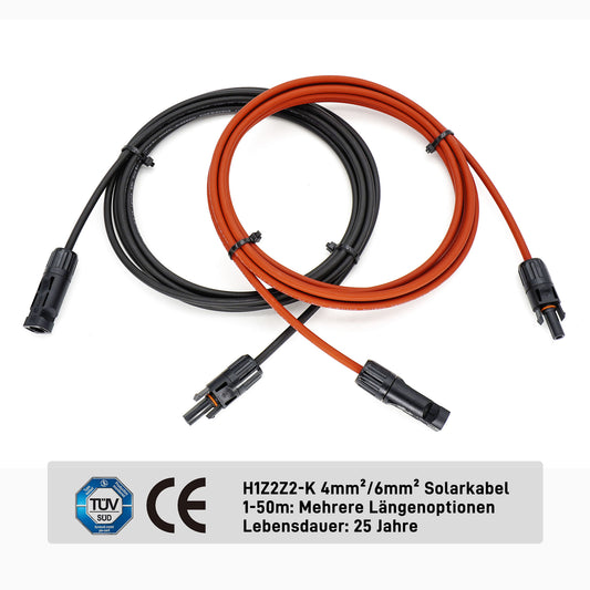 ALLDREI Solarkabel Verlängerung mit MC4 Stecker - 4mm²/6mm² H1Z2Z2-K Solarkabel in rot und schwarz, TÜV und CE zertifiziert.