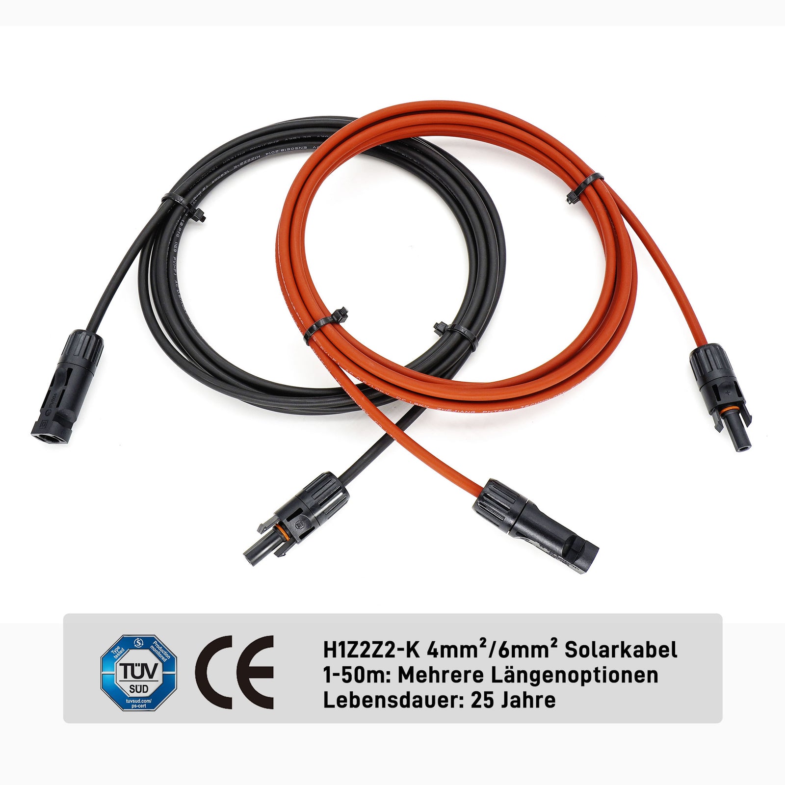 ALLDREI Solarkabel Verlängerung mit MC4 Stecker, 4 mm²/6 mm², schwarze und rote Kabel für Solarmodule.