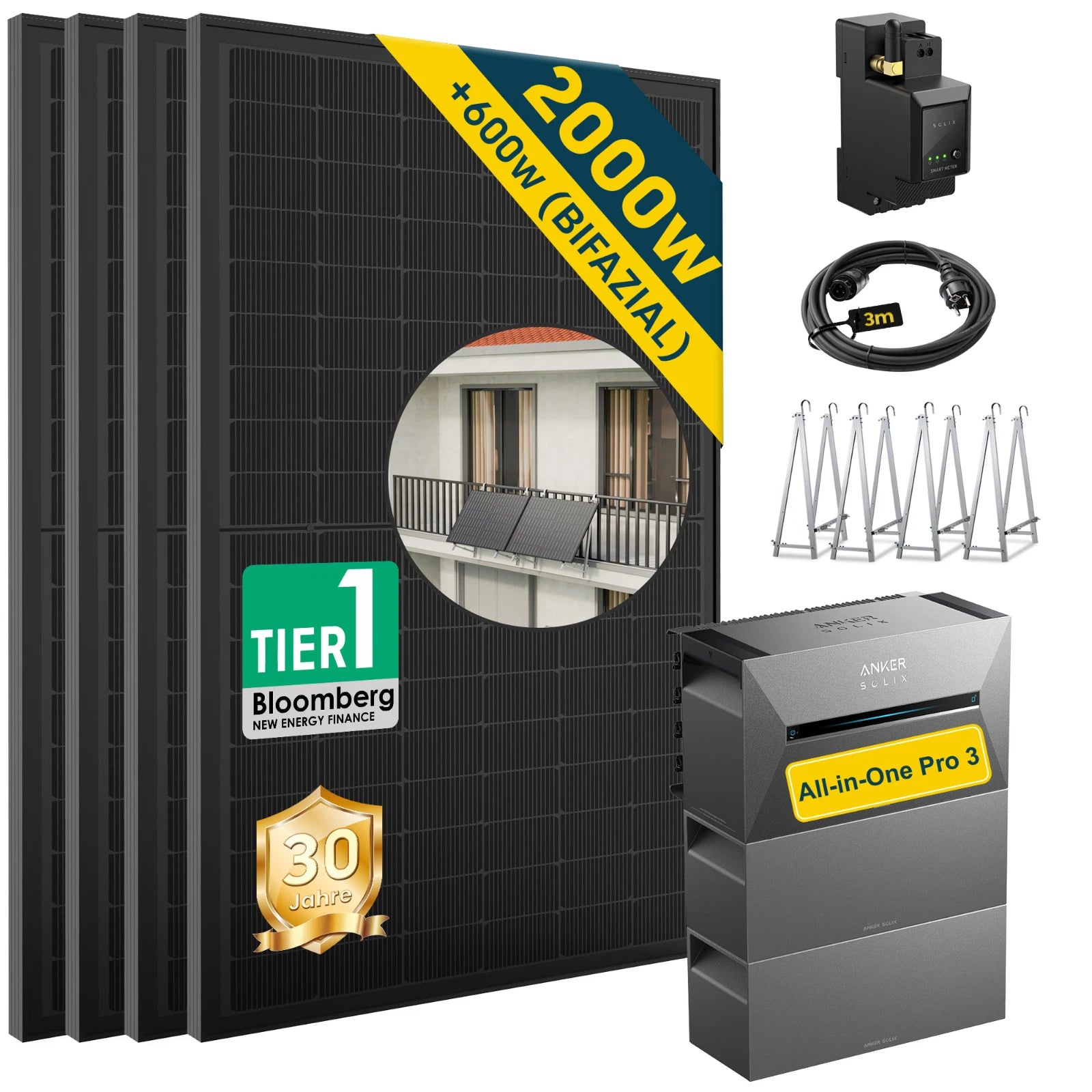 ALLDREI Balkonkraftwerk mit Speicher Anker Solix Solarbank 3 E2700 Pro 2,68kWh solar panels and accessories