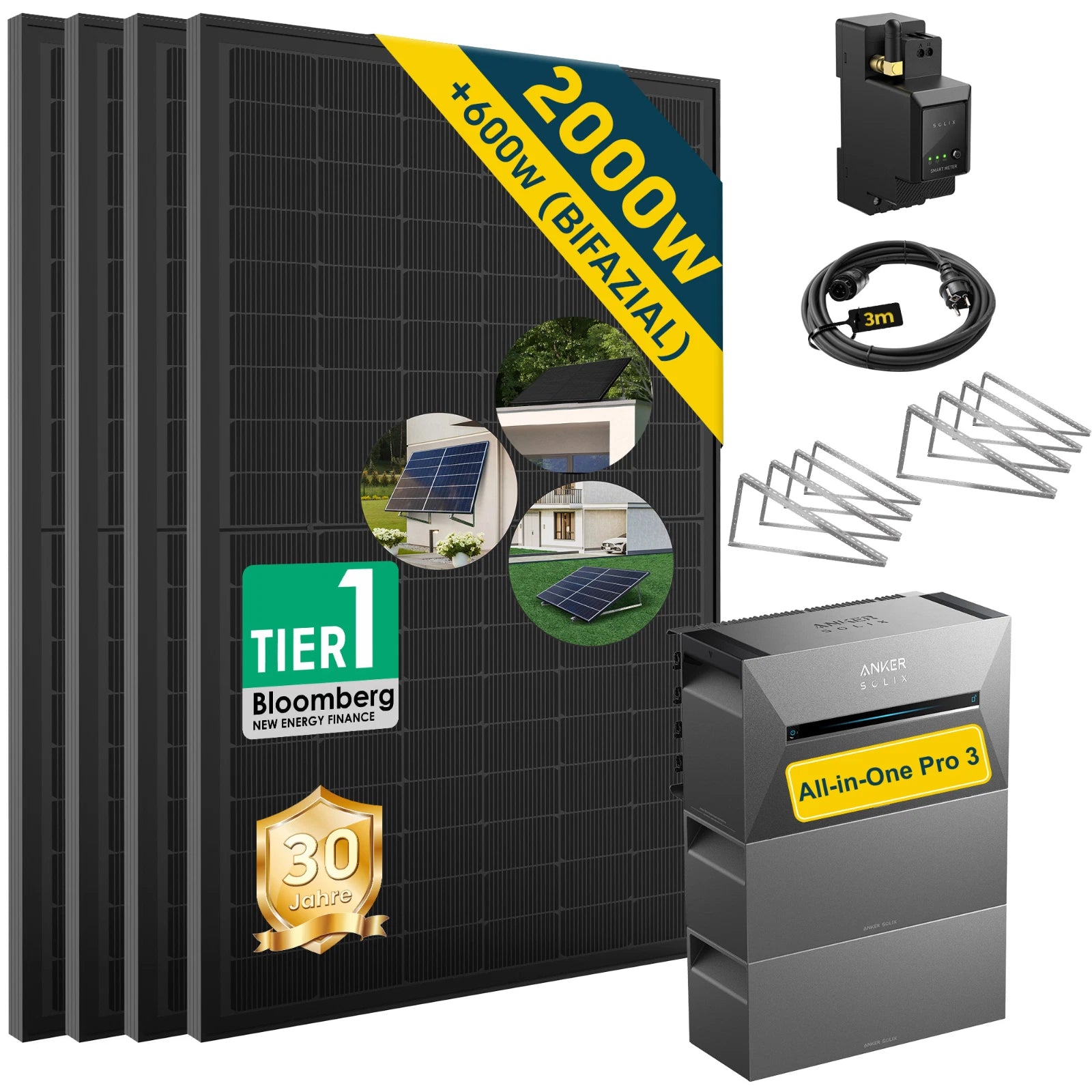 ALLDREI Balkonkraftwerk mit Speicher Anker Solix Solarbank 3 E2700 Pro 2,68kWh with solar panels and inverter.