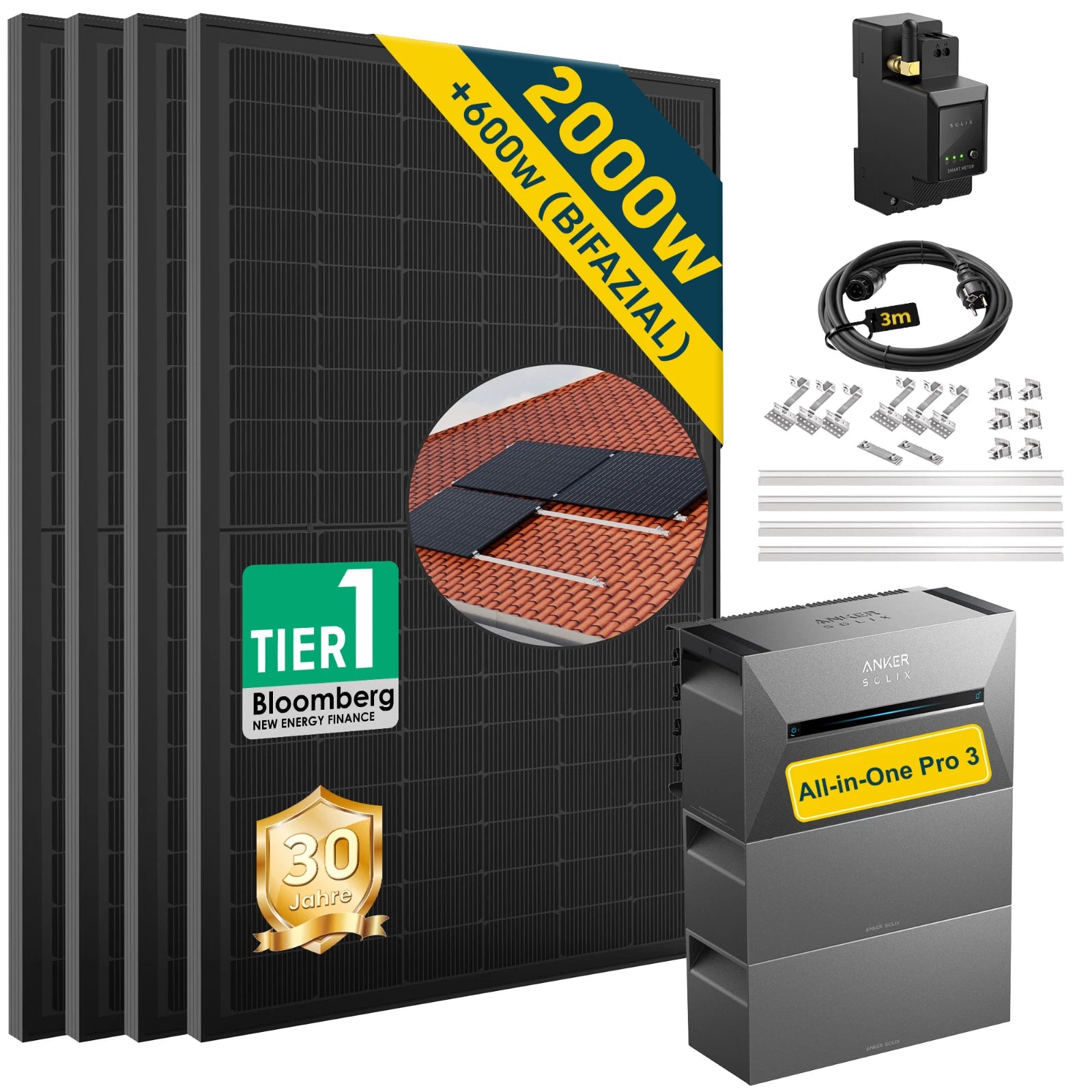 ALLDREI Balkonkraftwerk mit Speicher Anker Solix Solarbank 3 E2700 Pro 2,68kWh, Bifazial Solarmodule und Zubehör.
