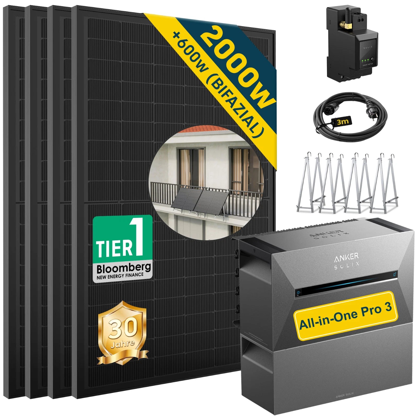 ALLDREI Balkonkraftwerk mit Speicher Anker Solix Solarbank 3 E2700 Pro 2,68kWh with solar panels and accessories