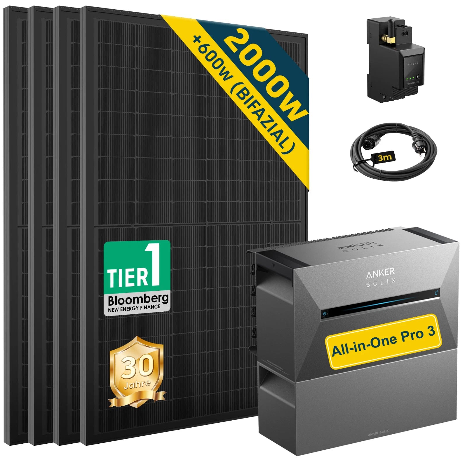 ALLDREI Balkonkraftwerk mit Speicher Anker Solix Solarbank 3 E2700 Pro 2,68kWh mit 2000W Bifazialmodulen und Zubehör