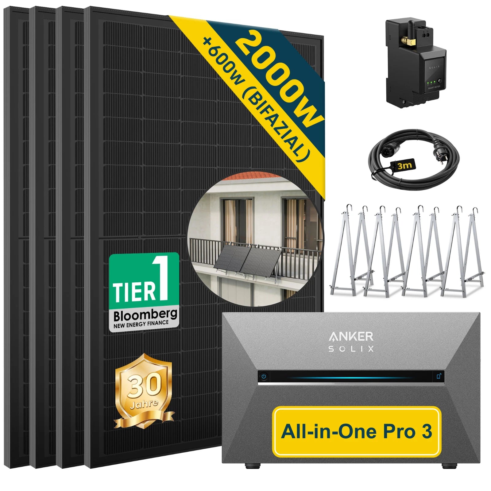 ALLDREI Balkonkraftwerk mit Speicher Anker Solix Solarbank 3 E2700 Pro 2,68kWh und Zubehör inklusive Solarmodule.