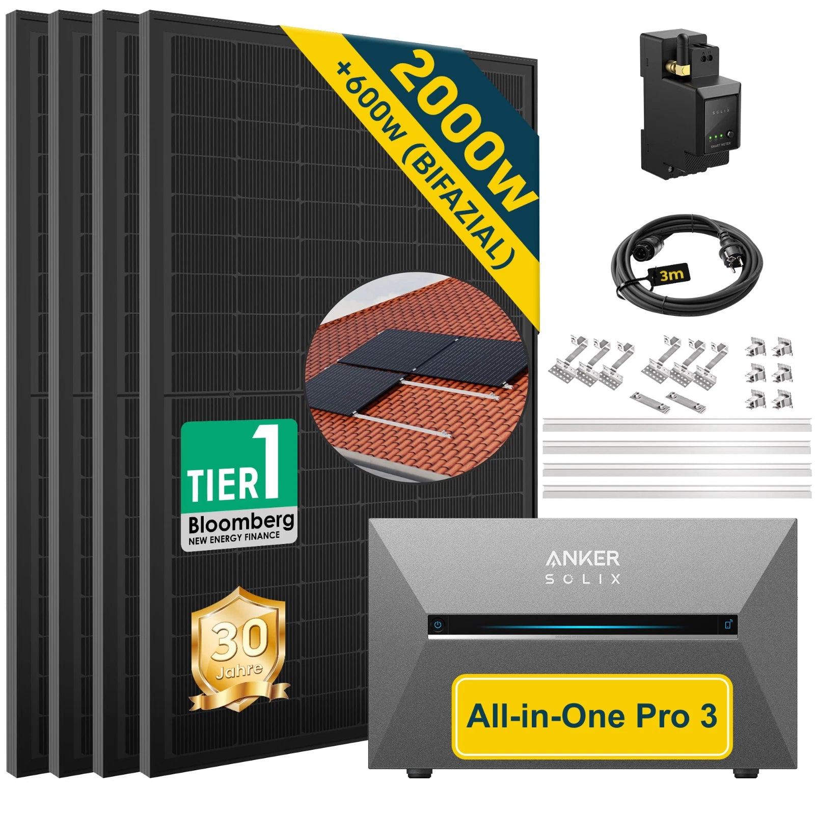 ALLDREI Balkonkraftwerk mit Speicher Anker Solix Solarbank 3 E2700 Pro 2,68kWh mit 2000W Bifazial Solarmodulen