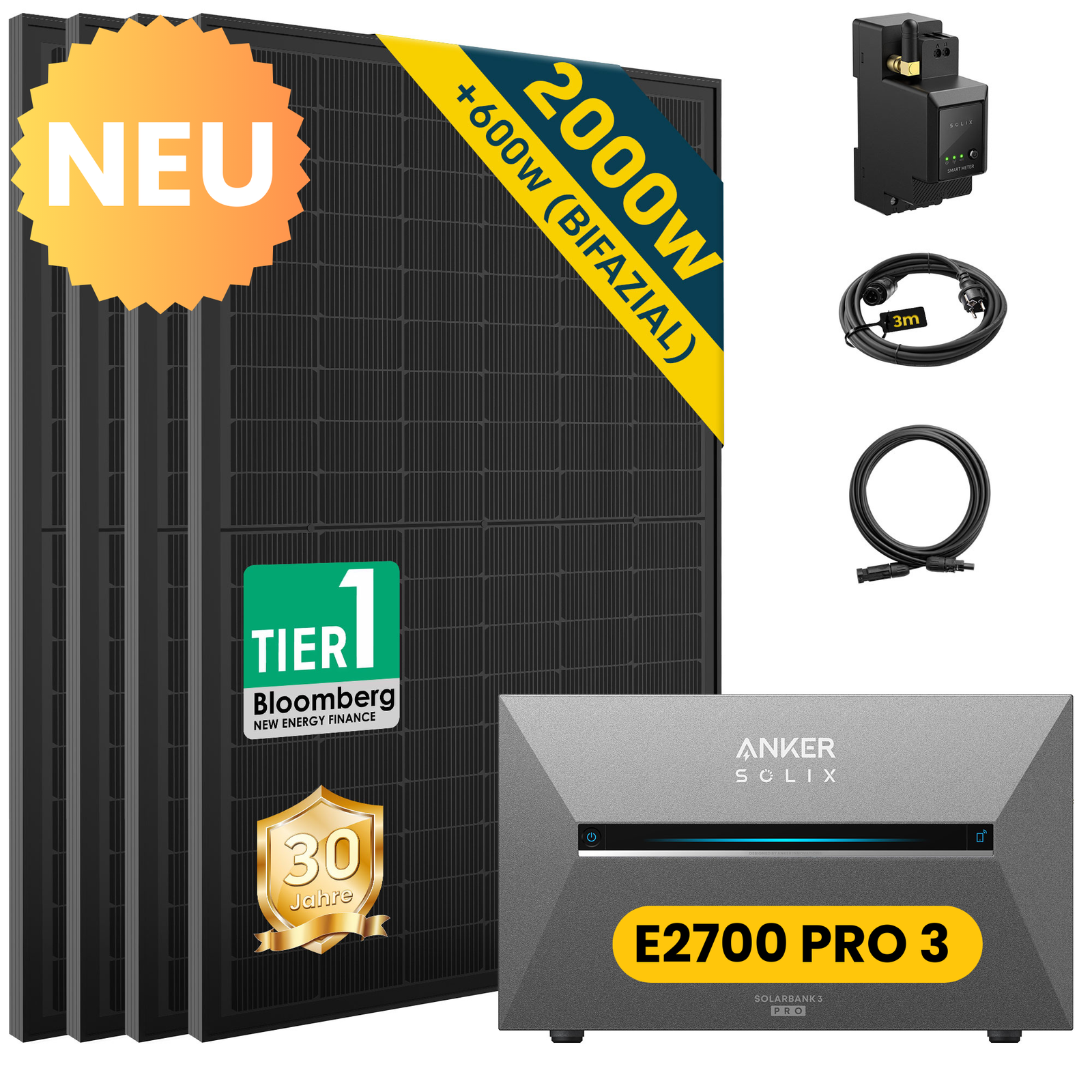 ALLDREI Balkonkraftwerk mit Speicher Anker Solix Solarbank 3 E2700 Pro 2,68kWh inkl. Bifazialer Solarmodule.