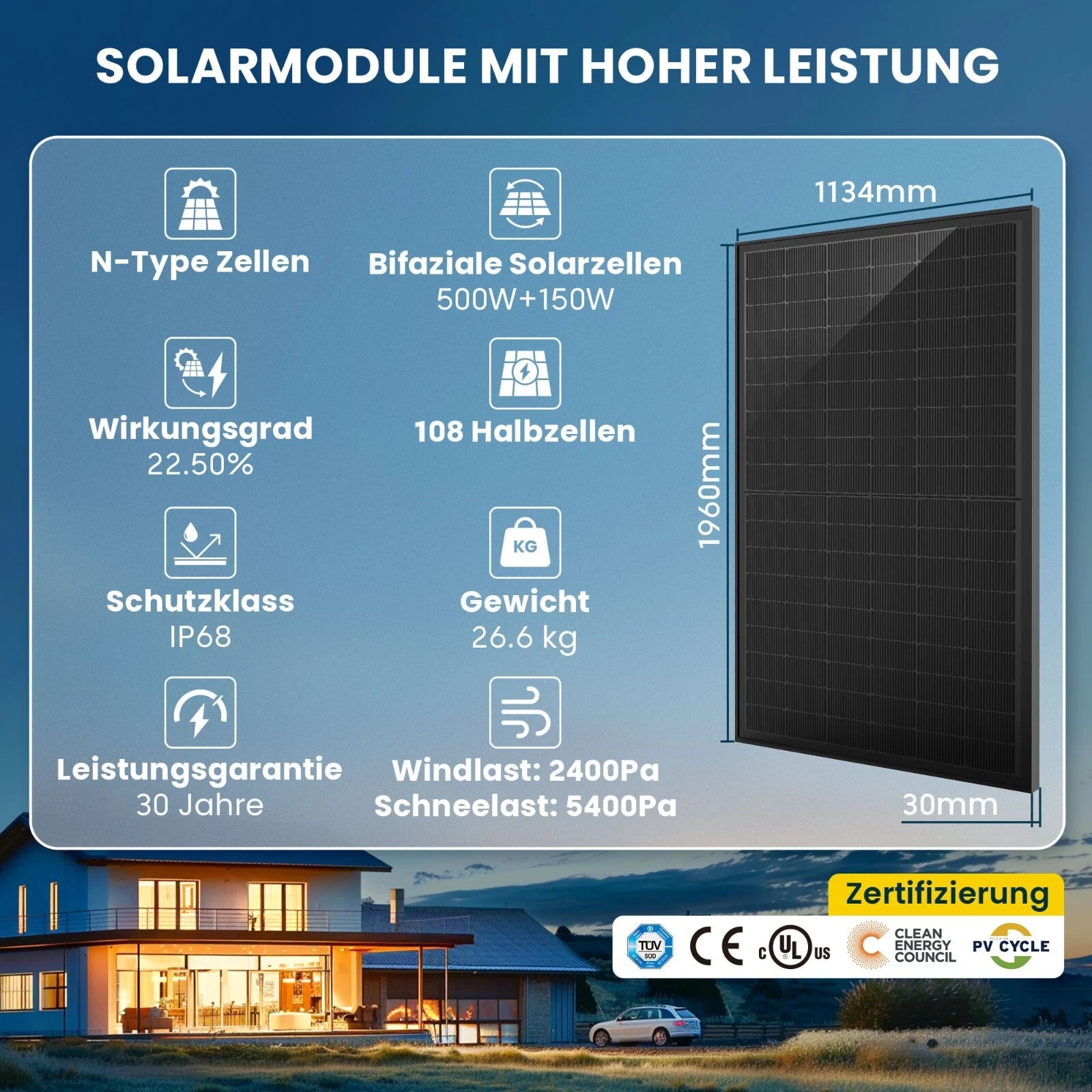 ALLDREI 500W Bifazialer Glas-Glas Solarmodule mit 30 Jahren Leistungsgarantie und +150W Zusatzleistung.