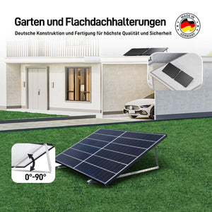 ALLDREI Balkonkraftwerk Flachdach Halterung Für zwei Solarmodule auf einem Gartenrasen.