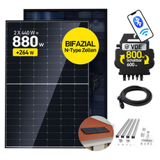 ALLDREI 2x440W Komplettset Balkonkraftwerk, Wechselrichter und Kabel components including bifacial solar panels and inverter.