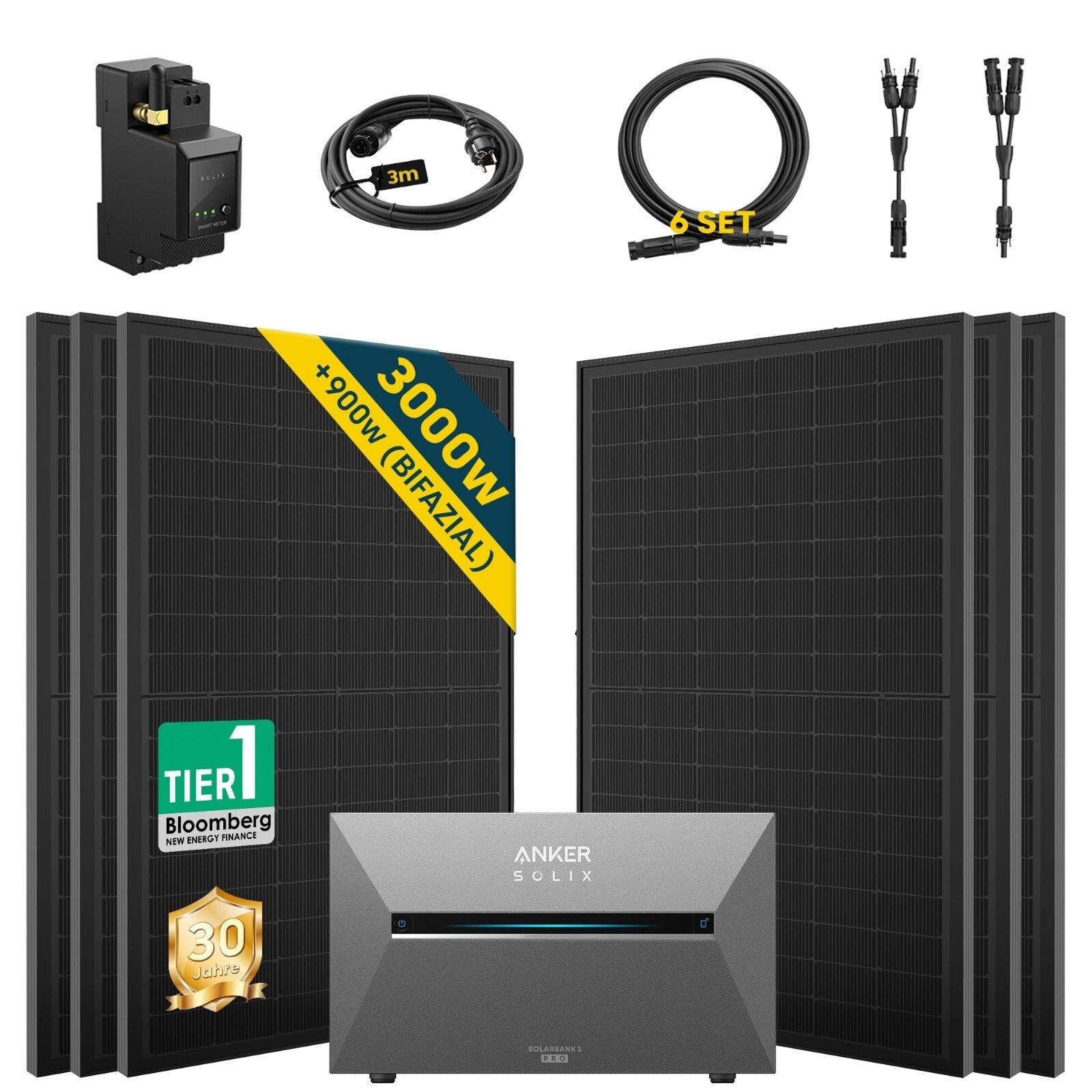 ALLDREI Balkonkraftwerk mit Speicher Anker Solix Solarbank 3 E2700 Pro 2,68kWh mit 3000W Bifazial-Solarmodulen und Zubehör.