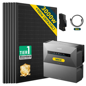 Anker SOLIX Solarbank MAX mit 3000W Solarmodul Set und Zubehör für effiziente Energieversorgung.