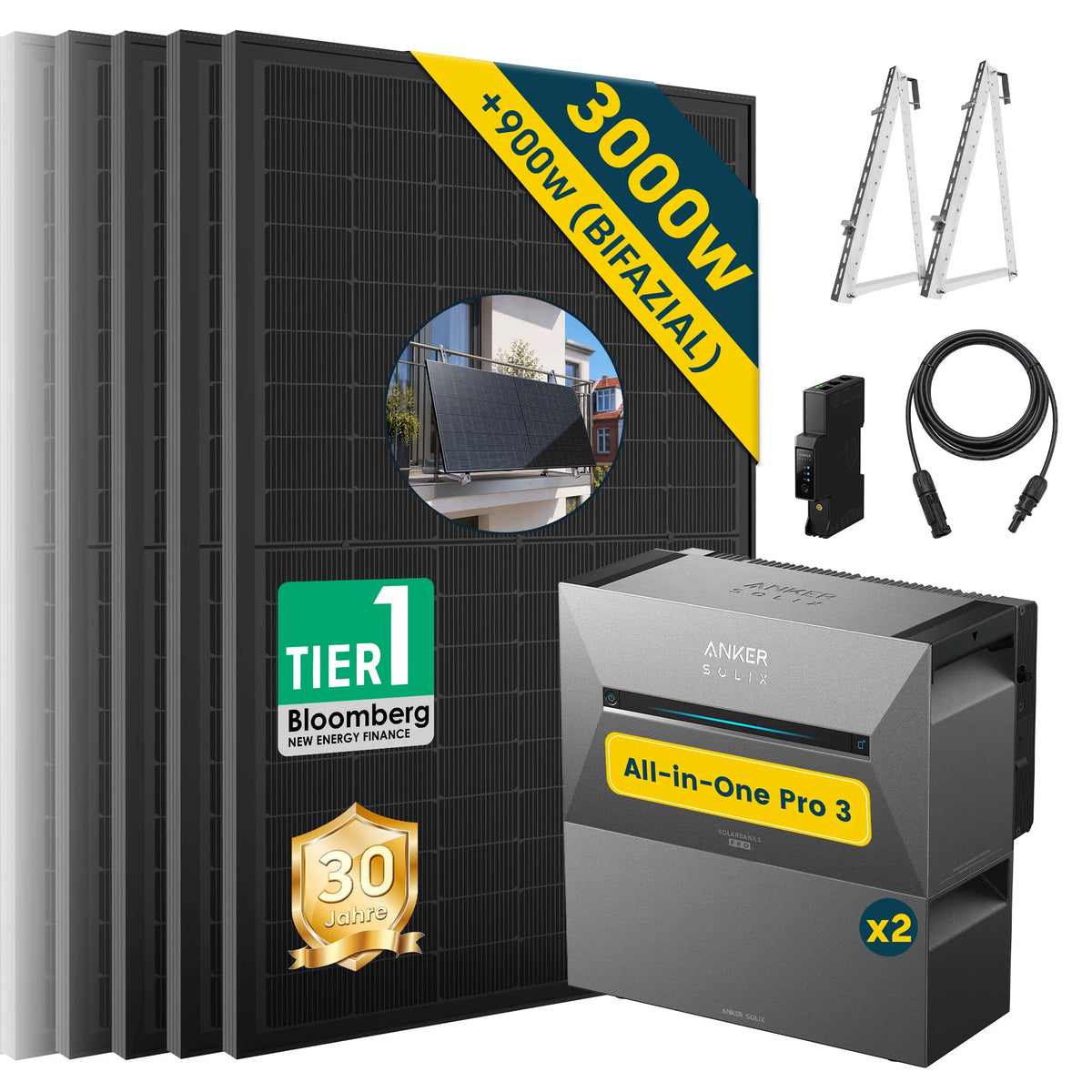 ALLDREI Balkonkraftwerk mit Speicher Anker Solix Solarbank 3 E2700 Pro 2,68kWh