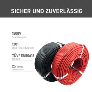 ALLDREI Solarkabel H1Z2Z2-K Verlängerungskabel für Solarmodule in rot und schwarz, 1500V, TÜV/EN50618, 25 Jahre Lebensdauer.
