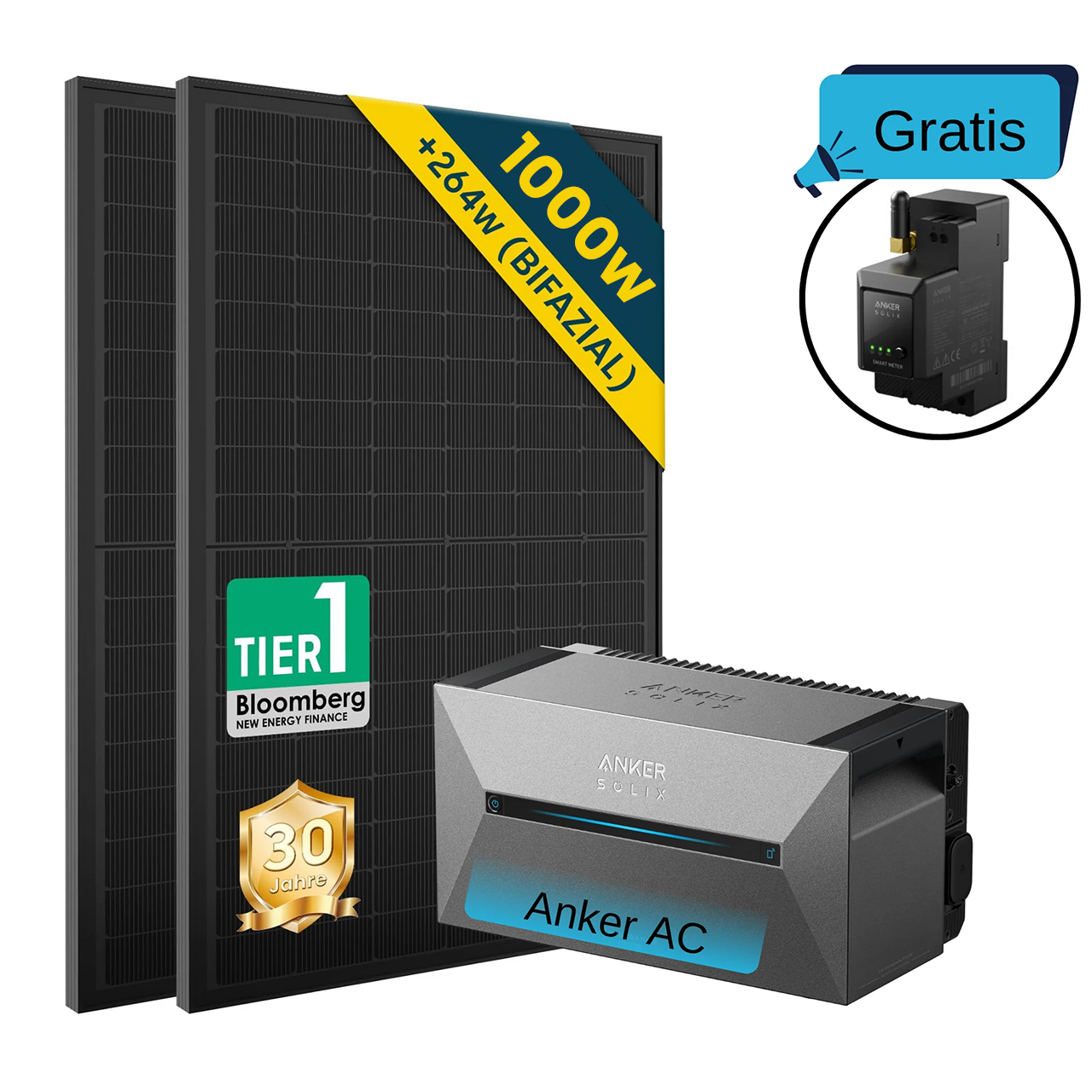 ALLDREl All-in-One Balkonkraftwerk mit Anker Solix Solarbank 2 E1600 AC System with 1000W solar panels and Anker AC.