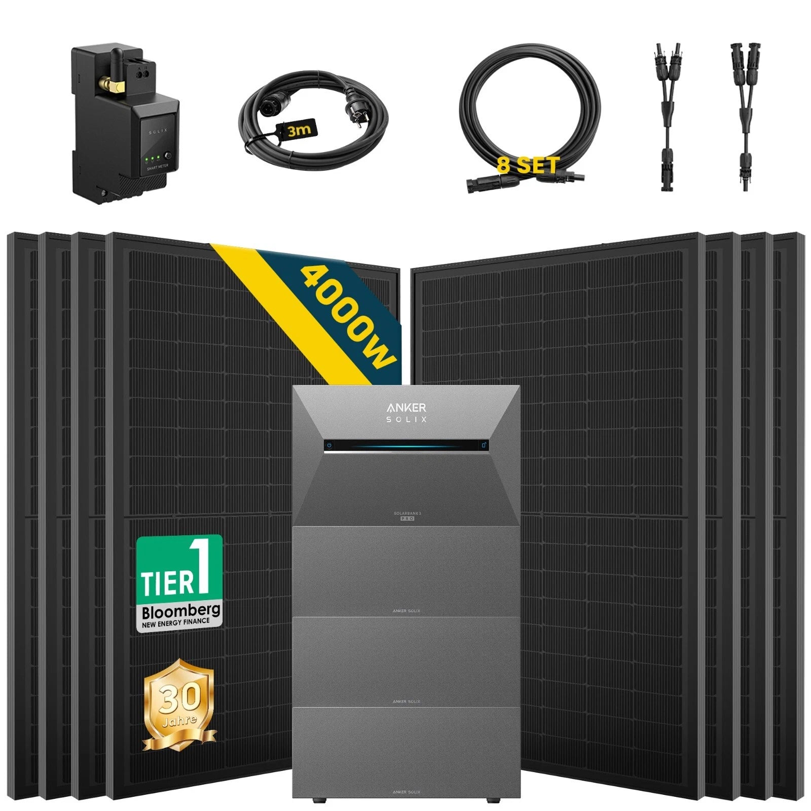 ALLDREI Balkonkraftwerk mit Speicher Anker Solix Solarbank 3 E2700 Pro 2,68kWh plus Zubehör und Solarmodule.