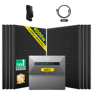 Anker SOLIX Solarbank MAX mit 4 Solarmodulen, 4000W Speicher, und Zubehör für effiziente Energienutzung.