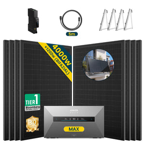 Anker SOLIX Solarbank MAX Set mit 4000W Solarmodulen und Zubehör für effiziente Energieversorgung.