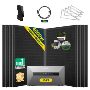 Anker SOLIX Solarbank MAX Set mit 4000W Solarmodulen, Kabel und Montagesystem für effiziente Energielösungen.