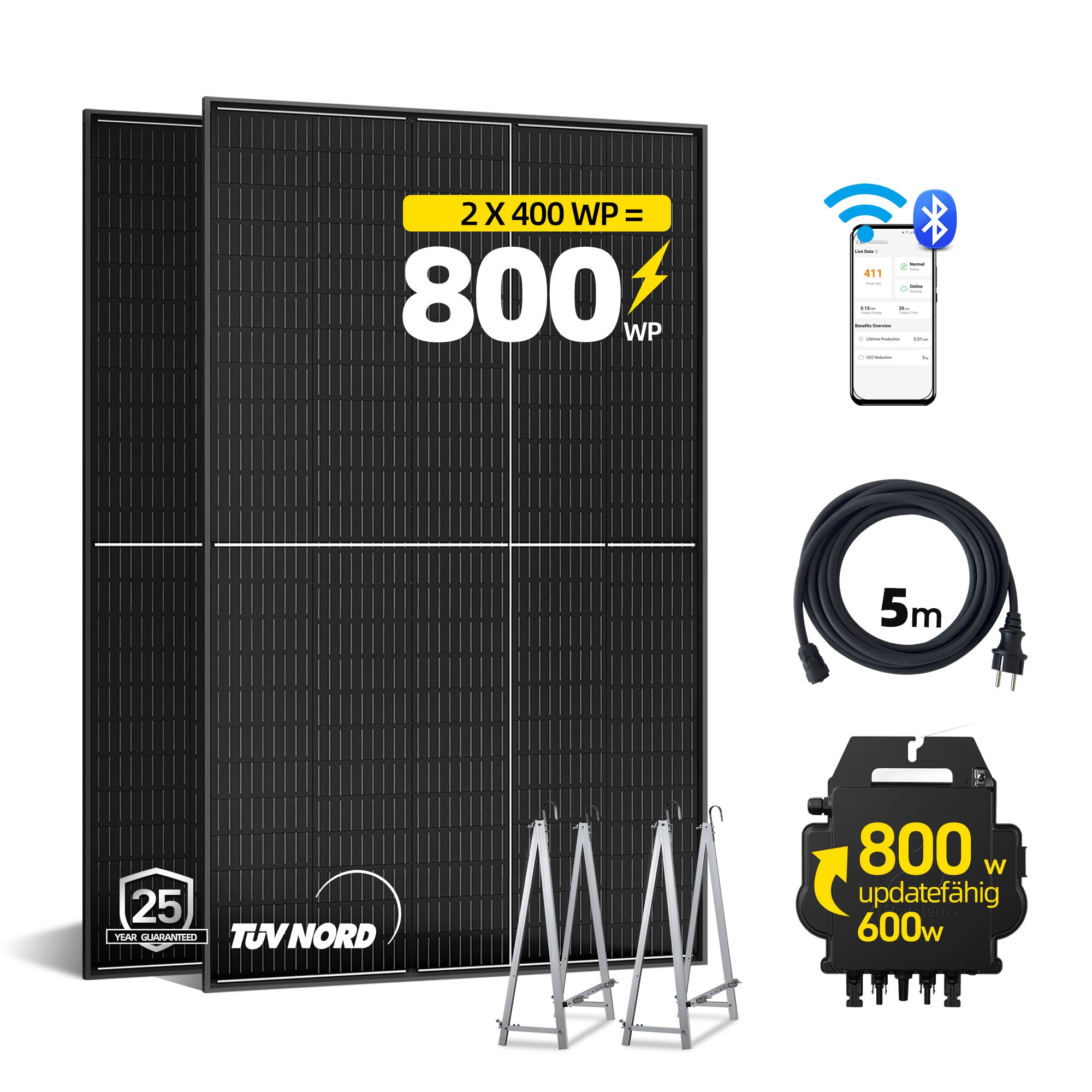 ALLDREI Komplettset Balkonkraftwerk 820W mit 2x400W Solarmodule, AP systems Wechselrichter EZ1-M，5M Kabel