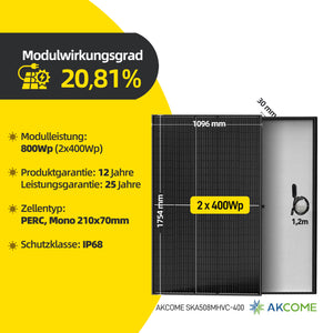 ALLDREI Komplettset Balkonkraftwerk 800W mit 2x400W Solarmodule+Hoymiles Wechselrichter 800w mit Wifi Hoymiles DTU Wlite+Kabel
