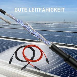 ALLDREI Solarkabel Verlängerung mit MC4 Stecker auf Solarpanel-Hintergrund, gute Leitfähigkeit sichtbar.