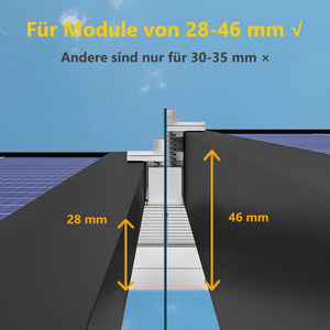 ALLDREI Halterung für Solarmodule auf Ziegeldach – Komplettset zur Befestigung von zwei Solarmodulen für Balkonkraftwerke, Detailansicht der Modulgröße 28-46 mm.