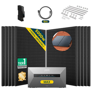 Anker SOLIX Solarbank MAX Komplettset mit 500W Solarmodul, Montagesystem und Zubehör für effiziente Energiegewinnung.