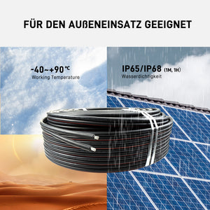 ALLDREI Solarkabel H1Z2Z2-K Verlängerungskabel für Solarmodule mit IP65/IP68 und Temperaturbereich -40 bis +90°C.