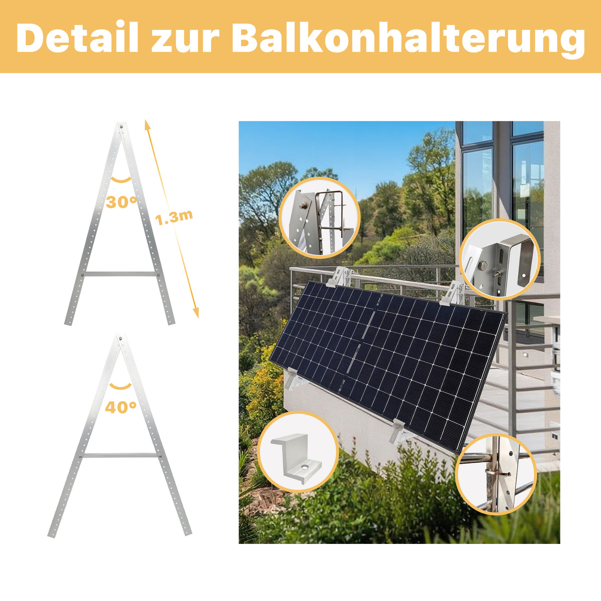DETAIL ZUR ALLDREI Balkonkraftwerk Halterung Balkon - Verstellbare Neigung für Solarmodule 30-40 Grad.