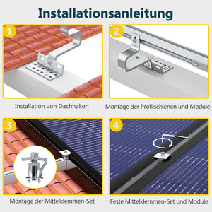 ALLDREI Halterung für Solarmodule auf Ziegeldach – Komplettset zur Befestigung von zwei Solarmodulen für Balkonkraftwerke Installationsanleitung