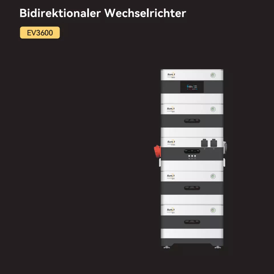 SunLit EV3600 Bidirektionaler Wechselrichter für Balkonkraftwerke auf schwarzem Hintergrund