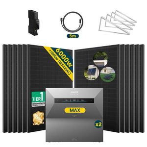 Anker SOLIX Solarbank MAX mit 6000W Solarmodul Set und Zubehör für effiziente Energienutzung.