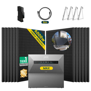 Anker SOLIX Solarbank MAX mit 6000W Solarmodul Set, inklusive Zubehör und Montagesystem für Balkonkraftwerk.
