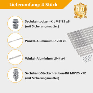 Lieferumfang von ALLDREI Solarpanel Halterung 120cm für 2 Module, Geeignet für Flachdach/Garten/Fassade mit verschiedenen Komponenten.