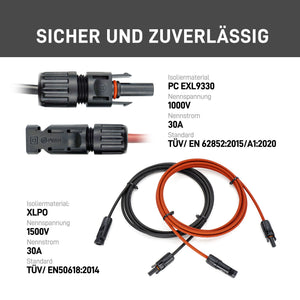 ALLDREI Solarkabel Verlängerung mit MC4 Stecker, abgebildet mit technischen Spezifikationen und Sicherheitszertifizierungen.