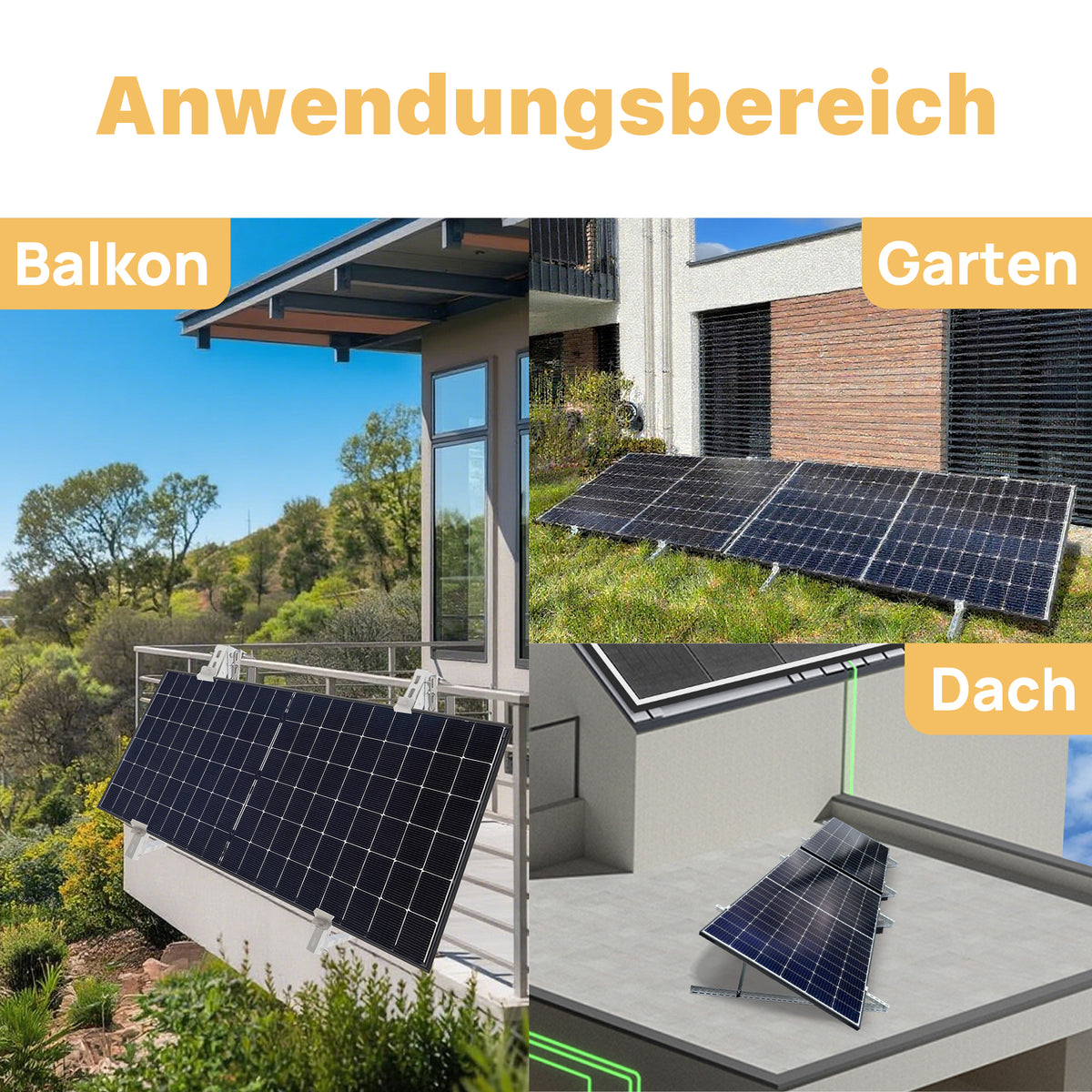 Anwendungsbereich der ALLDREI Balkonkraftwerk Halterung Balkon auf Balkon, Garten und Dach mit Solarmodulen.