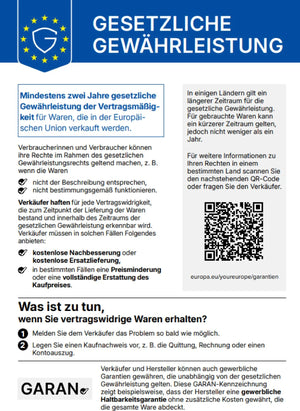Gesetzliche Gewährleistung in der EU, Informationen zu Verbraucherrechten und Reklamationen, QR-Code für weitere Details.