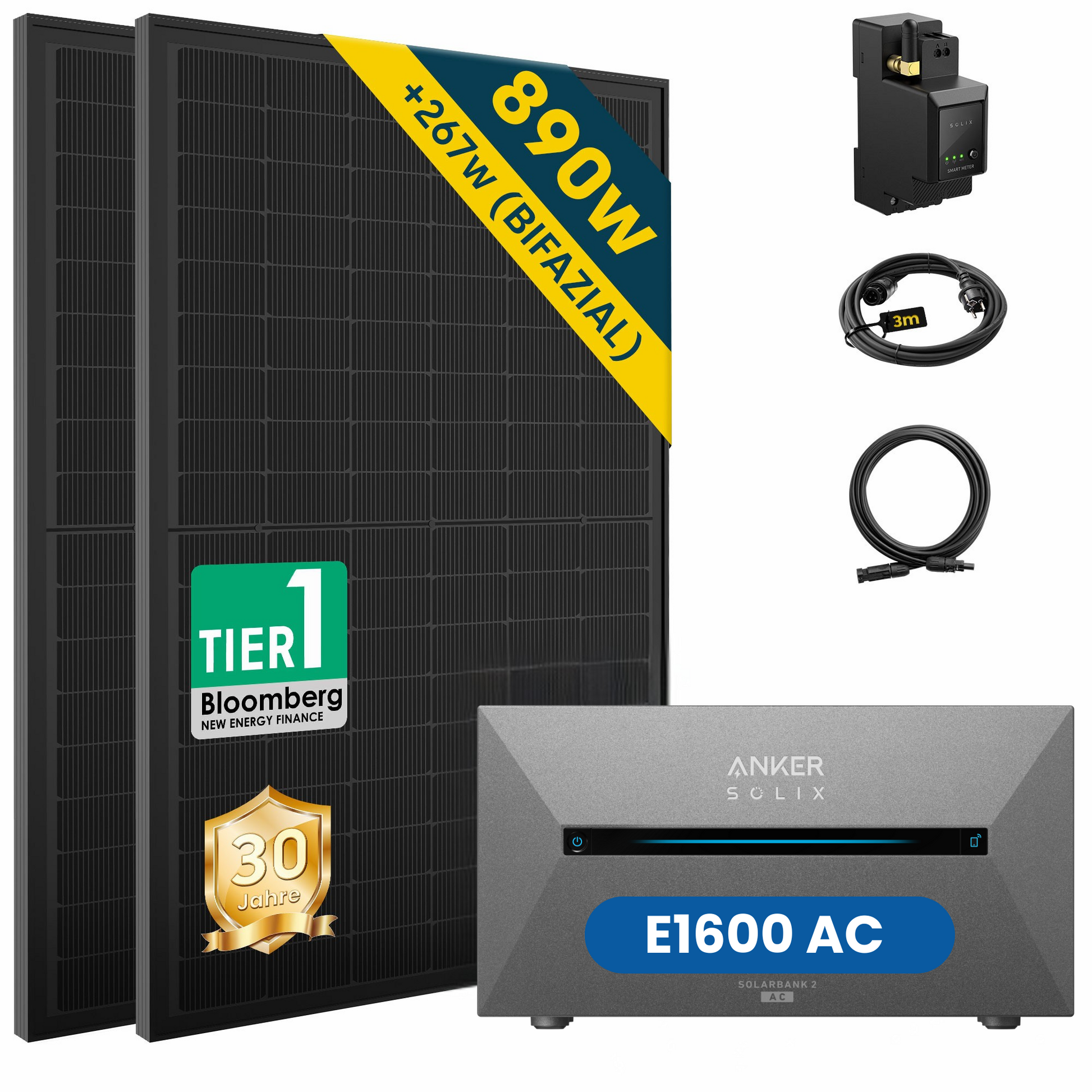 ALLDREI 890W Balkonkraftwerk mit Speicher Anker Solix Serie inkl. 890W Bifazialmodulen und Solarbatterie.