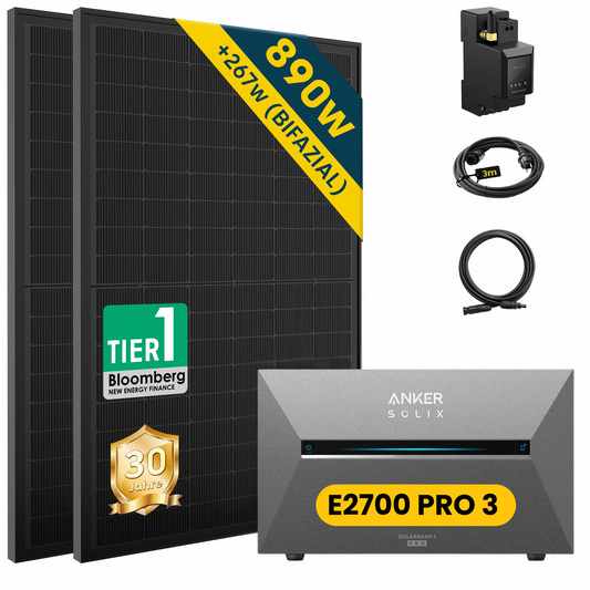 ALLDREI 890W Balkonkraftwerk mit Speicher Anker Solix Serie, bestehend aus 890W bifazialen Solarmodulen und Solarbank.