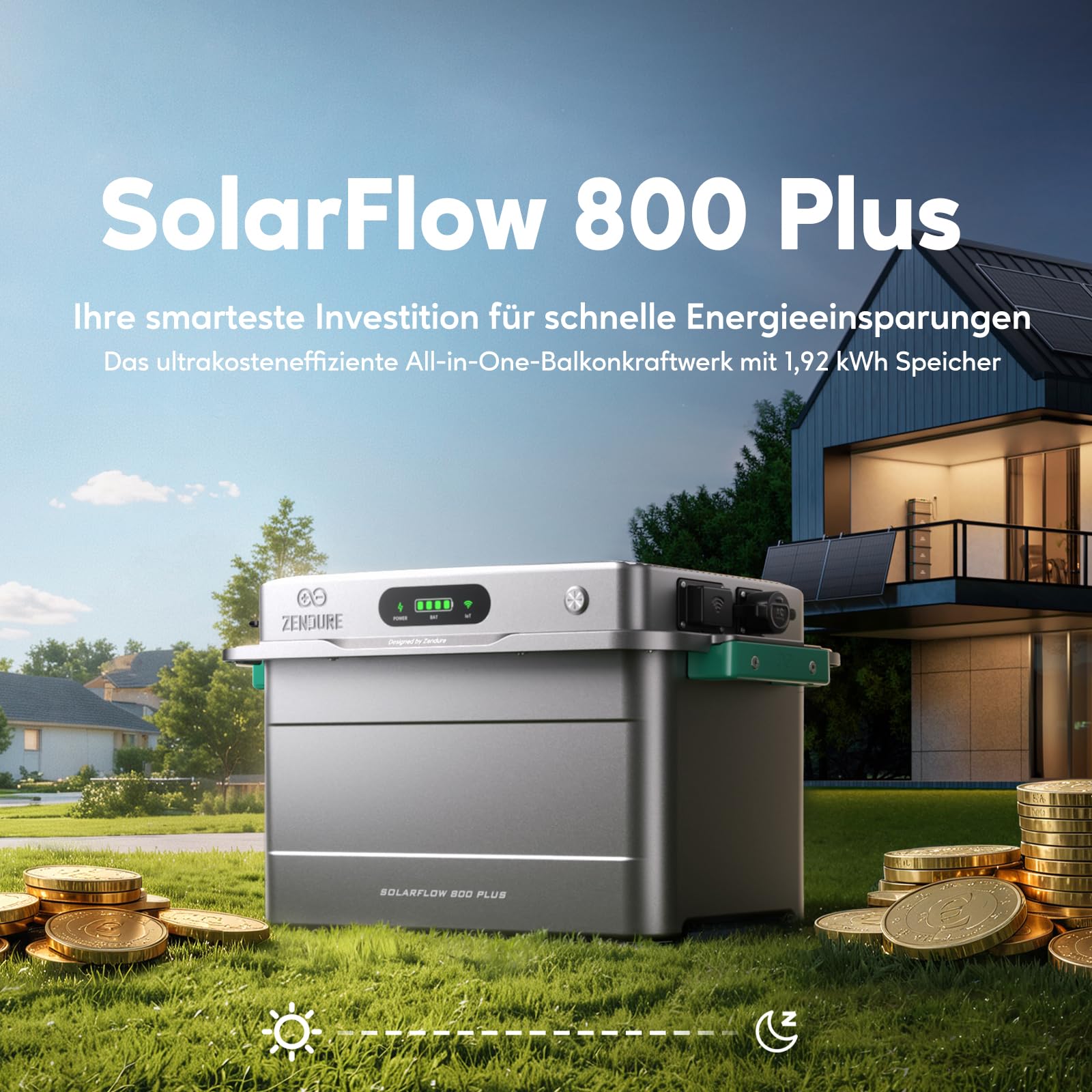 Balkonkraftwerk mit Speicher Zendure SolarFlow 800 Plus 1000W und Solarpanel