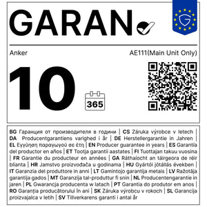 Anker SOLIX Solarbank Max Garantieinformation mit QR-Code und Garantiedetails in mehreren Sprachen