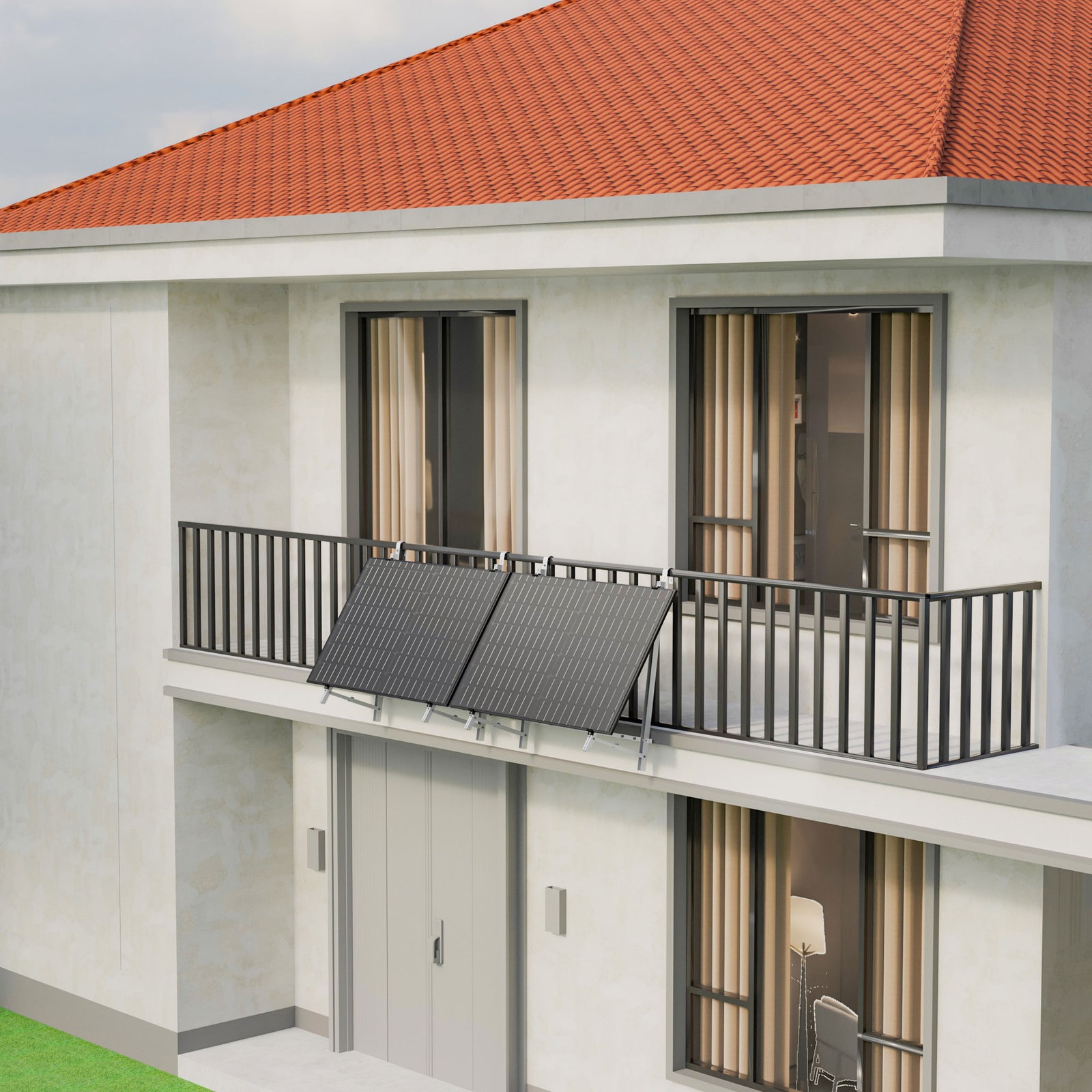 ALLDREI Balkonkraftwerk mit Gitterbalkon Halterung auf einem Balkon mit Balkonverkleidung.