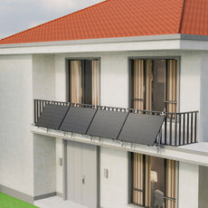 ALLDREI Balkonkraftwerk mit Gitterbalkon Halterung auf einem modernen Balkon installiert.