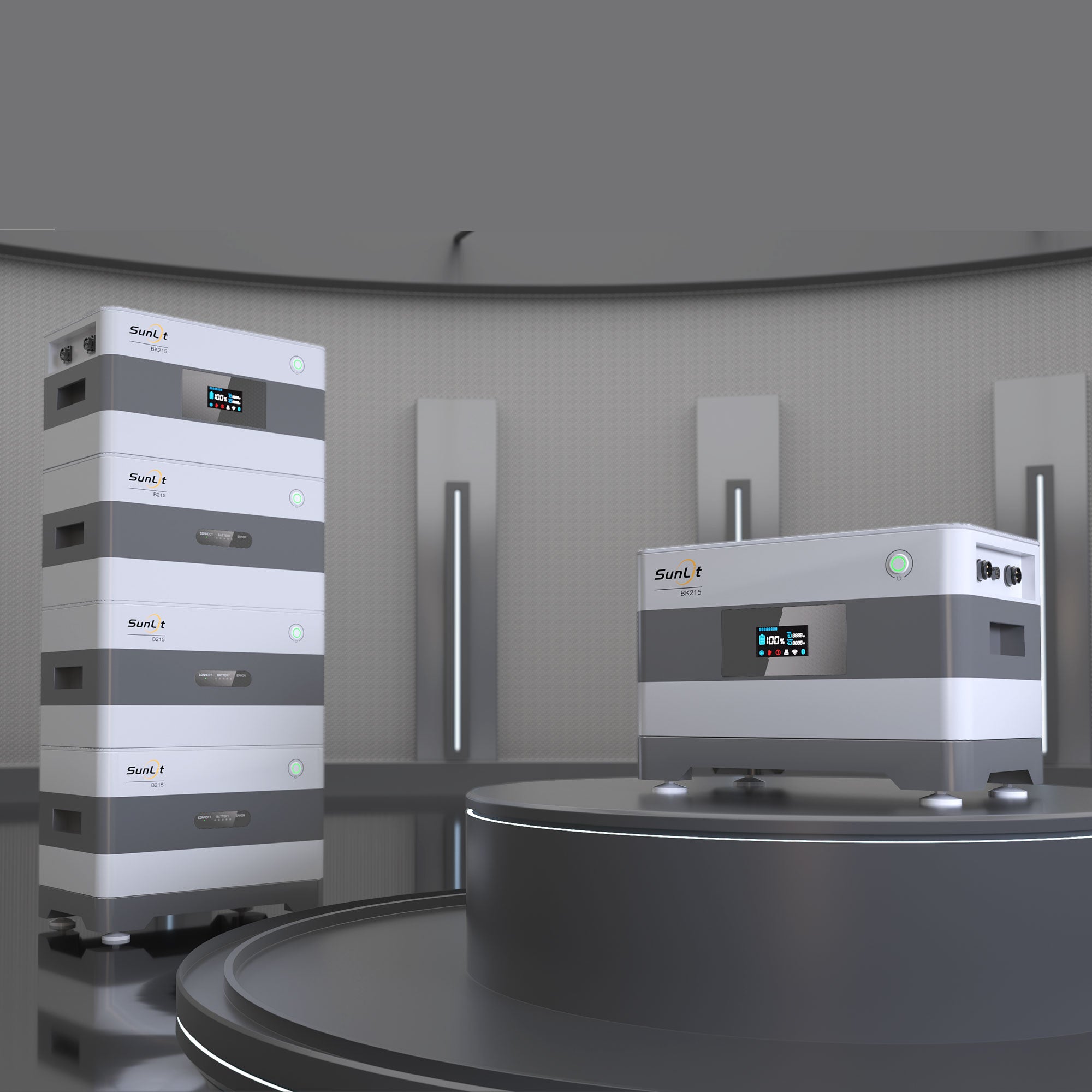 ALLDREI Balkonkraftwerkspeicher SunLit BK215 displayed in a modern setting, showcasing its modular design and storage capacity.