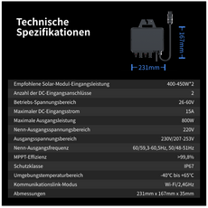 Technische Spezifikationen für ALLDREl 800W Flexible Solarpanels mit Anker Solix Solarbank 2 E1600 AC System.