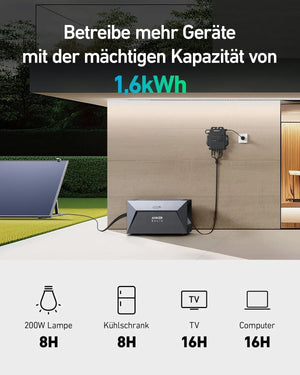 Anker SOLIX Solarbank E1600 1600Wh Gen2 mit integr. 0W Schalter, LiFePO4 Akku an einem Gerät für 1,6kWh.